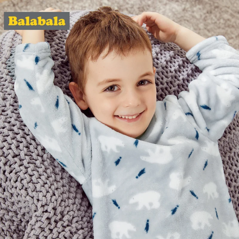 Balabala Toddler Boy 2-Piece Snug Fit Cotton&Fleece Pjs Print Long Sleeve Crewneck Shirt+ Pull-on Pants Set Kids Boy Pajama Set