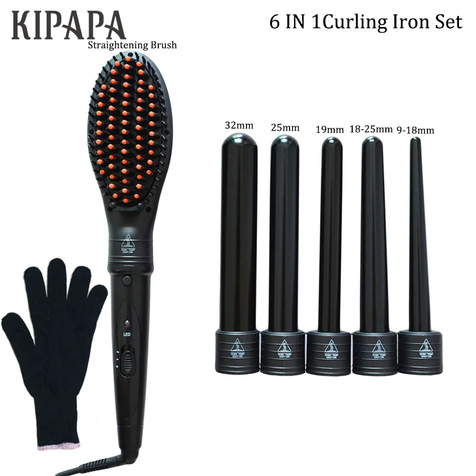 KIPAPA набор для завивки волос 0,35-1,25 дюймов, дорожные керамические щипцы для завивки волос, утюжок для выпрямления волос, расческа на выбор - Цвет: 6 IN 1