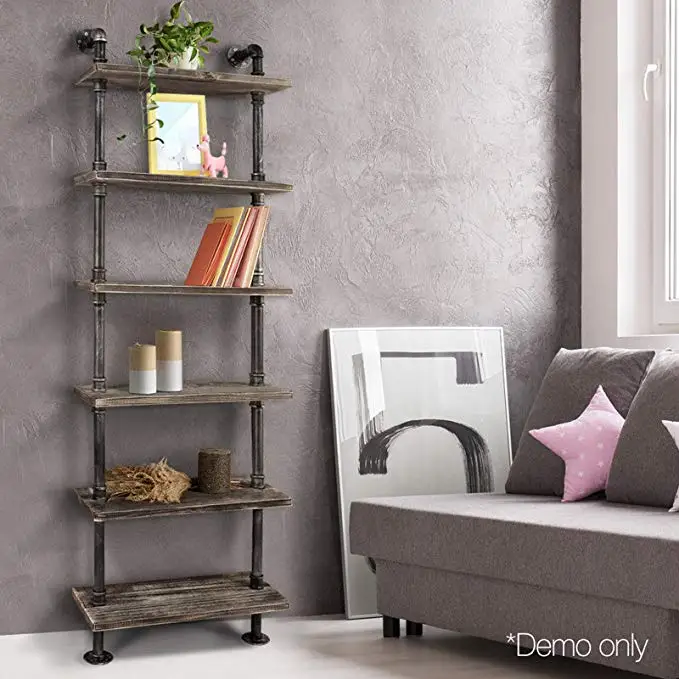Industrial Wallshelf Rustic Modern Wood Ladder Pipe Wall Shelf 6 Layer Pipe Design Bookshelf DIY Shelving Wall Storage Holders