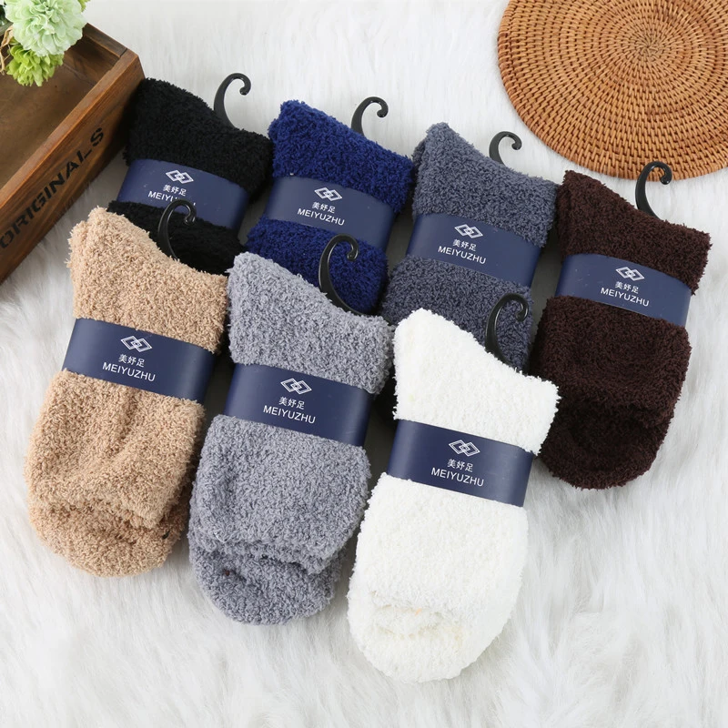 Warm Men Middle Socks Solid Color Super Soft Male Socks Carpet Floor Socks High Quality Coral Fleece 2019 Man Clothing Thickening (4)