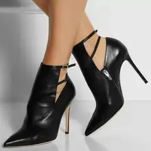 Ботильоны с острым носком Модные женские ботинки на тонком каблуке ботинки на высоком каблуке с вырезами и ремешком на щиколотке новые кожаные туфли-лодочки черного цвета
