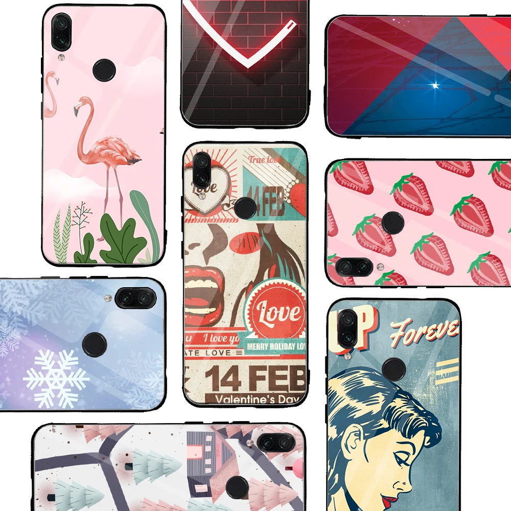 

Tempered Glass Case for Redmi Note 7 Case Cute Strawberry Love Heart Pattern Case for Xiaomi 8 9 Redmi 6 5 4X 7A Redmi K20 Cover