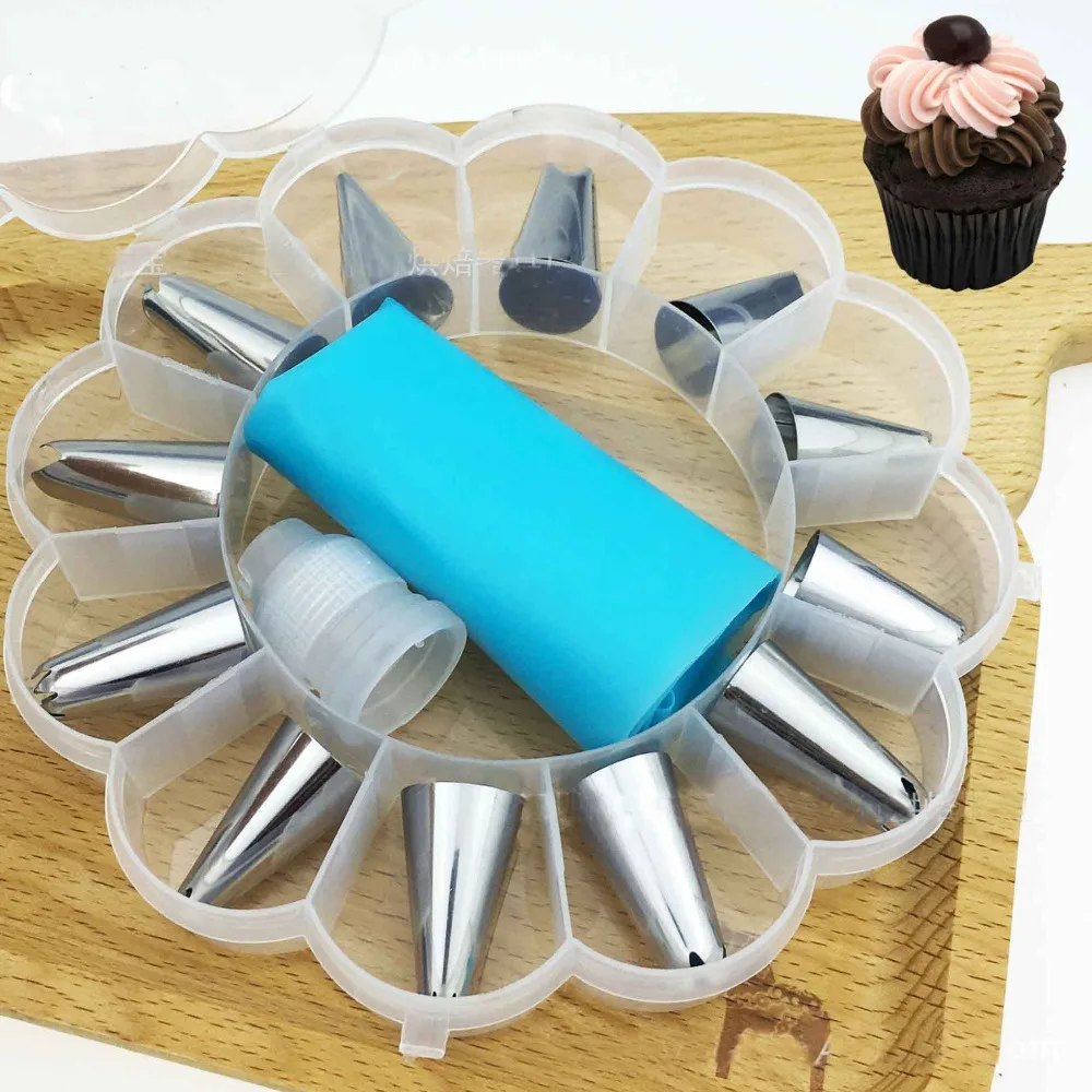 TECHHOME 14pcs/set Dessert Decorators Silicone Icing Piping Cream Pastry Bag+12 Stainless Steel Nozzle Set DIY Cake Decorating T | Дом и сад