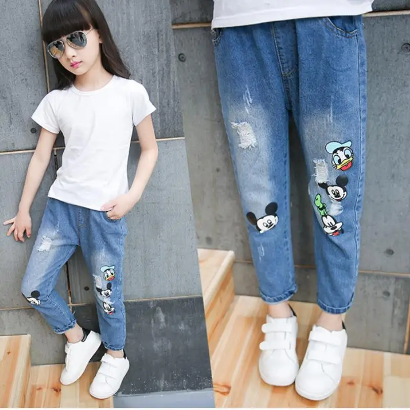 

2019 Spring New Fashion Girls Mickey Middle Waist Soild Color Cartoon Jeans Baby Trousers Cotton Denim Long Pants3-12Y