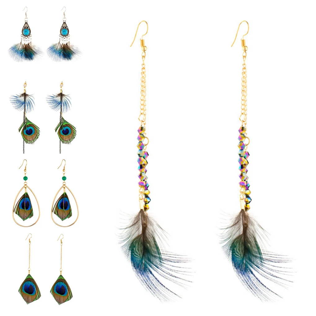 

Hot Sale 1 Pair Peacock Feather Earrings Halloween Tassel Wedding Earrings Carnival Women Dangle Jewelry