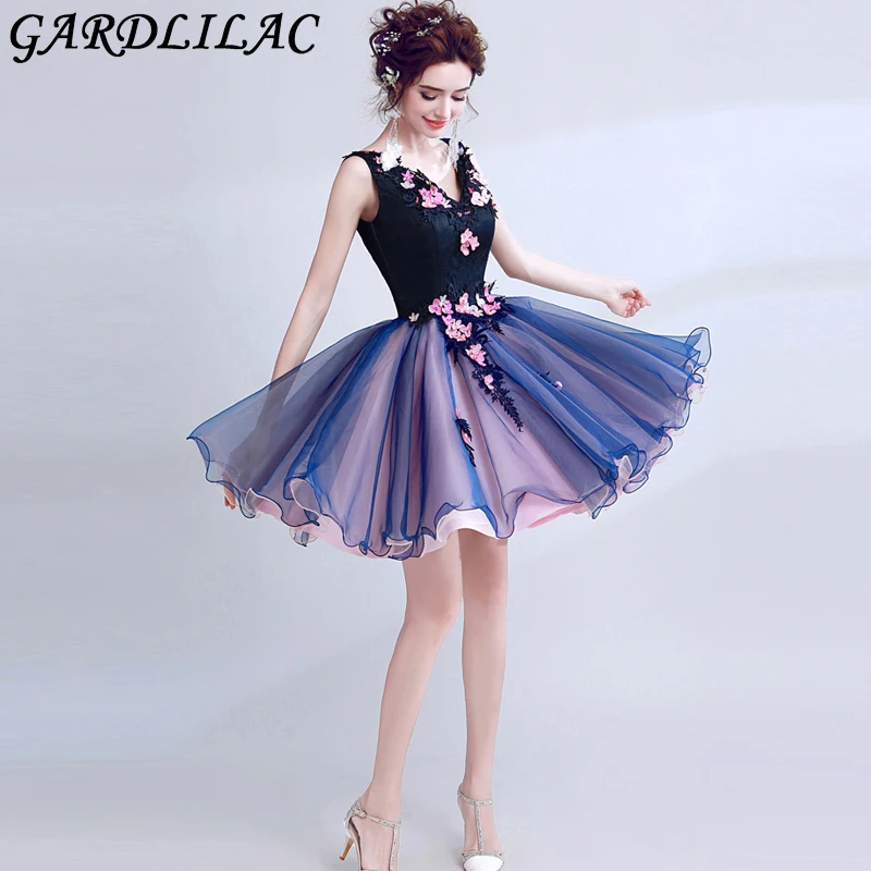 Gardlilac Vneck платье для выпускного вечера контрастный цвет конфеты Мини органза коктейльные платья кружевные цветы vestido festa curto