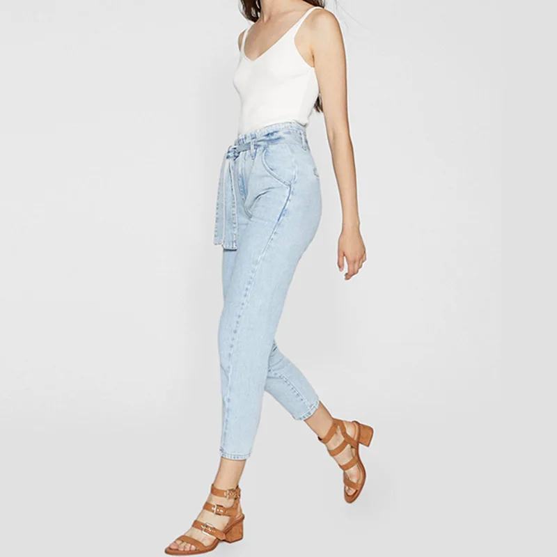 Spring Summer High Waist Tie Jeans Cotton Calf-Length Pants Pockets Pencil Pants Women