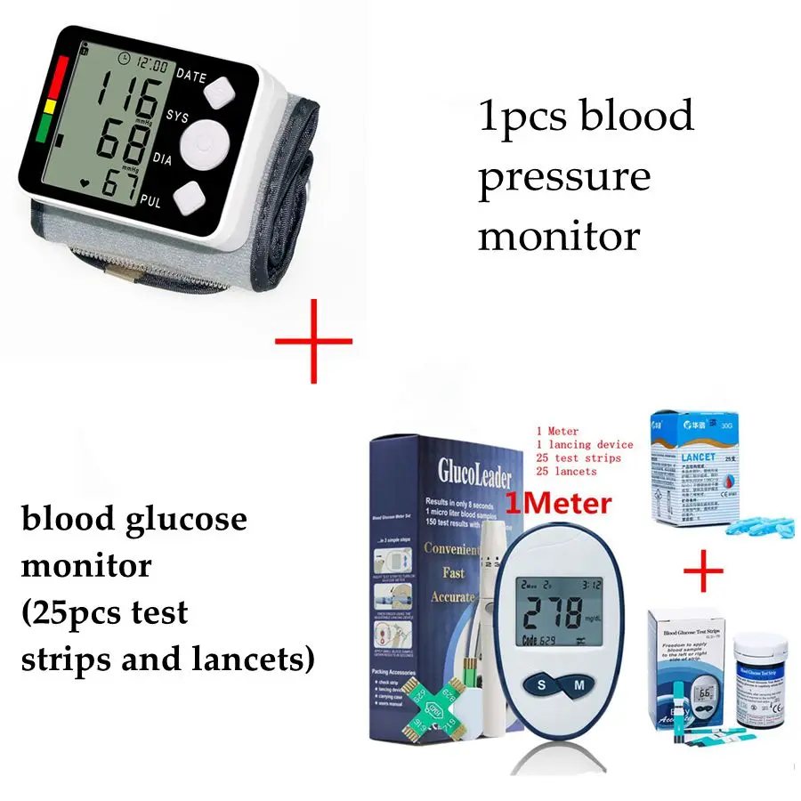 

utomatic Digital Blood Pressure Monitor Wrist Tonometer + Blood Glucose Meter With 50pcs Strips And Needles Lancets Blood Sugar