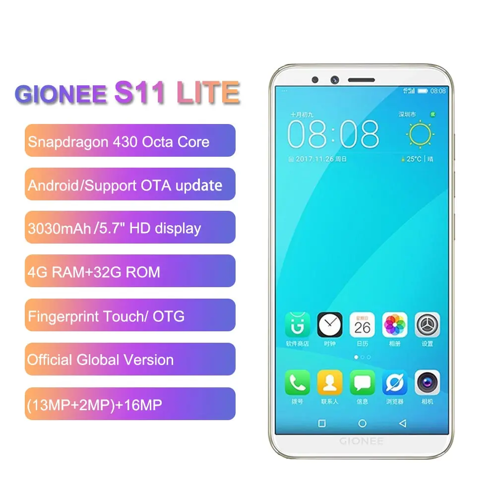 GIONEE S11 LITE смартфон с восьмиядерным процессором Snapdragon 430 ОЗУ 4 Гб ПЗУ 32 ГБ 13 МП + 2 5 7