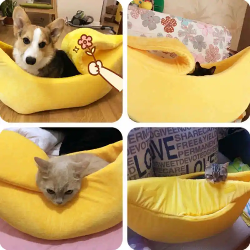 Милый банан, кошка, собака, коврик для кровати, съемный, в форме банана, теплый, мягкий, корзина для домашних животных, коралловый флис, банан, кошка, спальный коврик