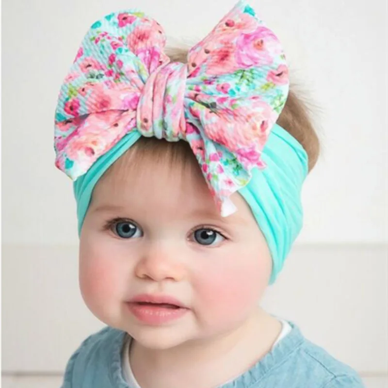 Printed Baby Big Bow Headband Head Wraps  Knotted Nylon Hairband Elastic Turban 