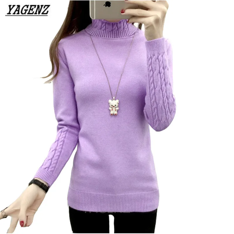 YAGENZ Autumn Winter Women Turtleneck Sweater Knitwear Slim Solid Pullover Warm Casual Long Sleeved Shirt Sweater