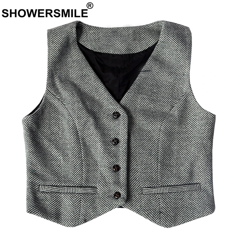 

SHOWERSMILE Grey Suit Vest Women Cashmere Herringbone Sleeveless Jackets Female Tweed Plus Size England Ladies Spring Waistcoat