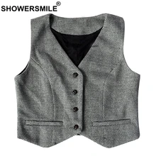 SHOWERSMILE Grey Suit Vest Women Cashmere Herringbone Sleeveless Jackets Female Tweed Plus Size England Ladies Spring Waistcoat