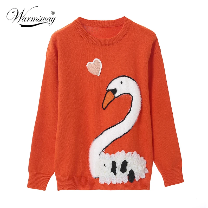 2018 Spring Winter New Fashion Preppy Style Sweater Pullovers Full Sleeve 3D Patchwork Swan Slim Blouse Female Knitwear  ws-073