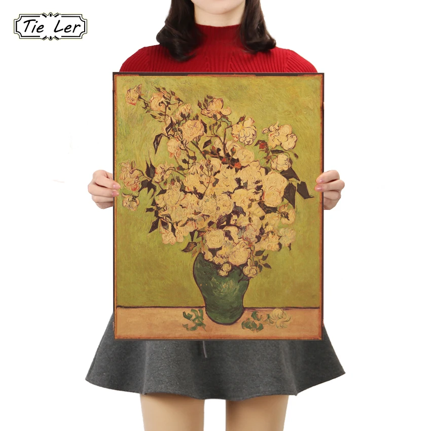 

TIE LER Classic Oil Painting Van Gogh Modern Impressionist White Rose Poster Green Vase Kraft Paper Wall Sticker 44.5X35cm