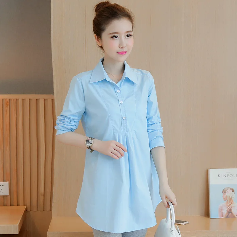 Хлопковая Свободная рубашка для беременных пуловер для беременных Блузки для беременных Осенняя белая деловая блуза - Цвет: short sleeve blue