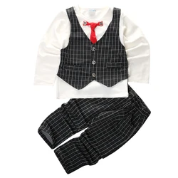 

2016 New Summer 3pcs Gentleman Cute Newborn baby boy Sets Waistcoat + Plaid Pants+ Shirt Outfit clothes set Suit