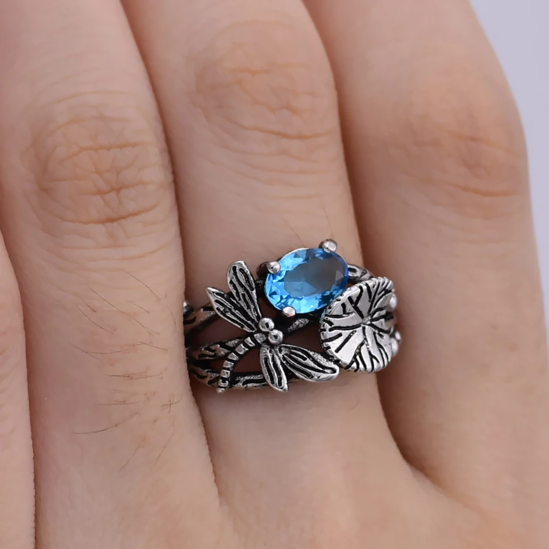 Креативное кольцо со стрекозой в форме листа лотоса, уникальное очаровательное женское кольцо серебряного цвета с голубым AAA цирконием, ювелирные изделия aneis feminino, размер 6-10