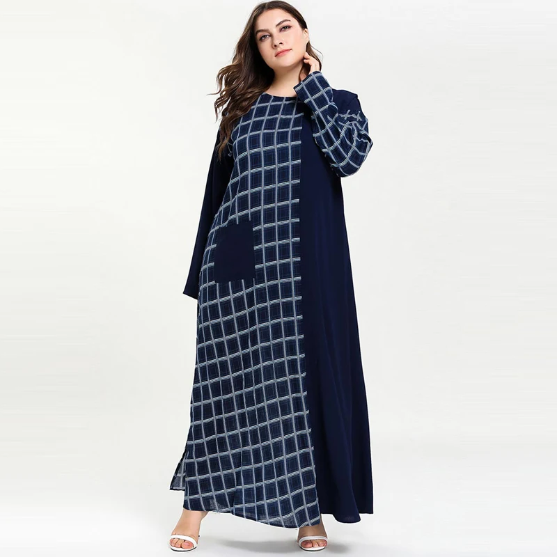 2019 женское мусульманское платье-Абая Дубай клетчатая Исламская одежда плюс размер Восточный халат из марокена длинные платья с длинным