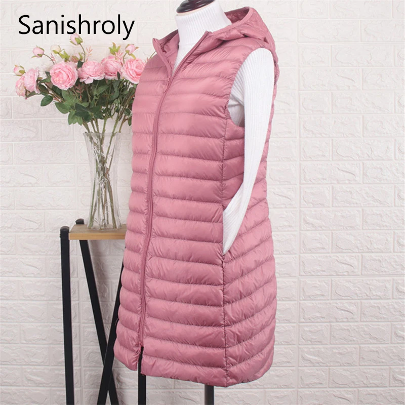 

Sanishroly Autumn Winter Women Sleeveless Hooded Waistcoat Midi Long Ultra Light Down Vest Female Duck Down Coat Parka Tops S672