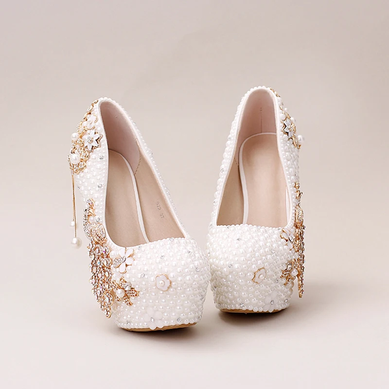 White Elegant Pearl Bridal Comfortable Wedding Shoes Womens Pumps