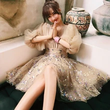 Robe be soriee, милое платье с v-образным вырезом и блестками для выпускного вечера, вечернее платье цвета шампанского, платья для выпускного вечера с иллюзией на шее, Vestidos