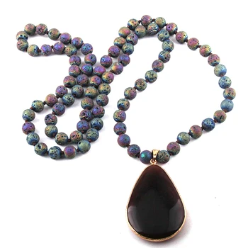 

MOODPC Fashion Bohemian Jewelry Lava Stone Long Knotted Stone Drop Pendant Necklaces For Women Necklace