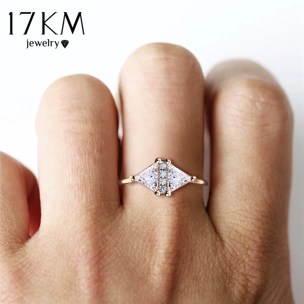 

17KM Fashion Rose Gold Cubic Zirconia Engagement Rings For Women Triangle Romantic Crystal Statement Charm Ring Female Jewelry