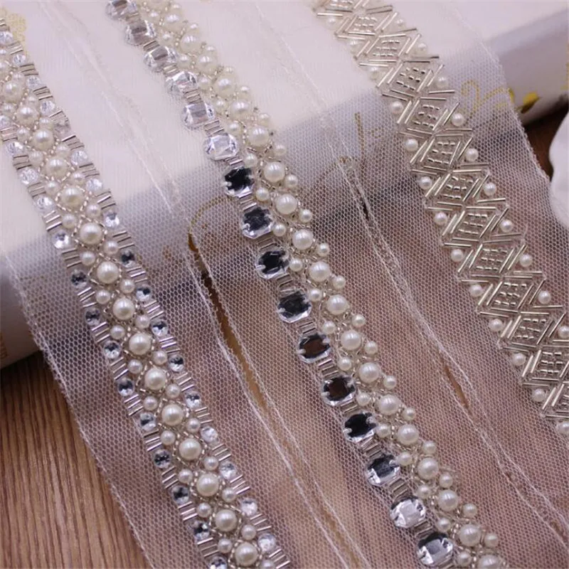 1 Yards/ Pearl Beaded Trims Lace Ribbon Fabric Clothes Decoration