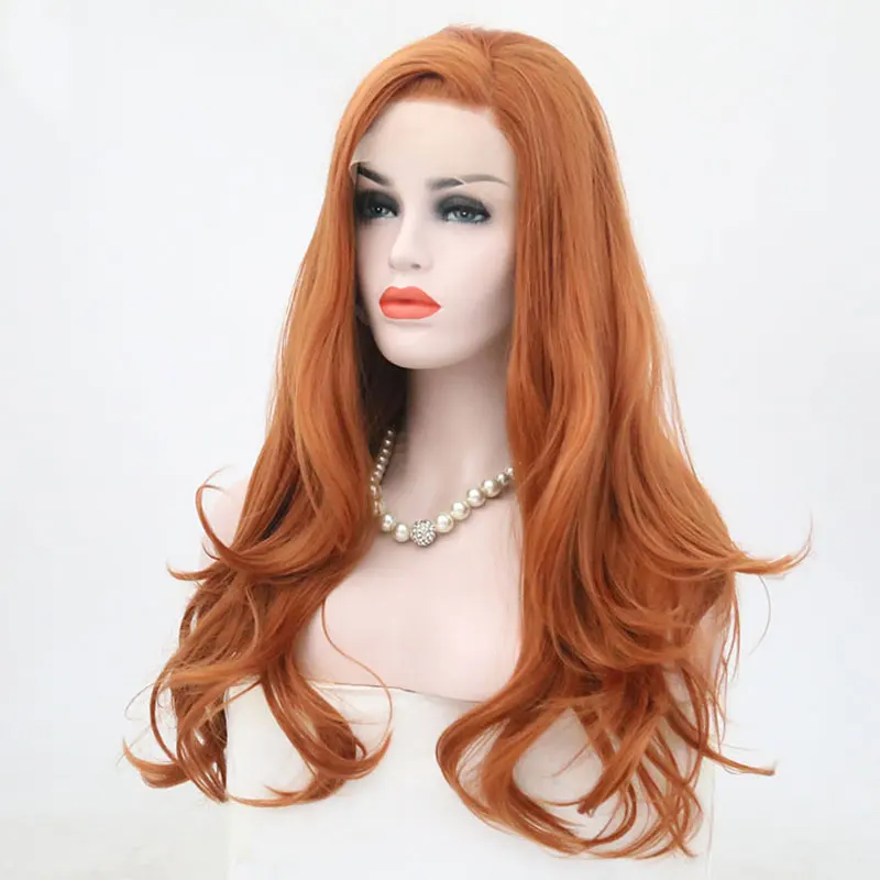 Bombshell светильник оранжевая волна тела синтетический парик фронта шнурка Жаростойкие Волокна волос естественная линия волос боковое расставание для женщин