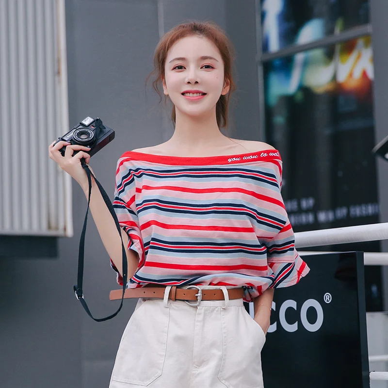 

OLOEY2019 Summer new Korean version loose thin horn sleeve Stripe T-shirt female student shoulder careful machine top