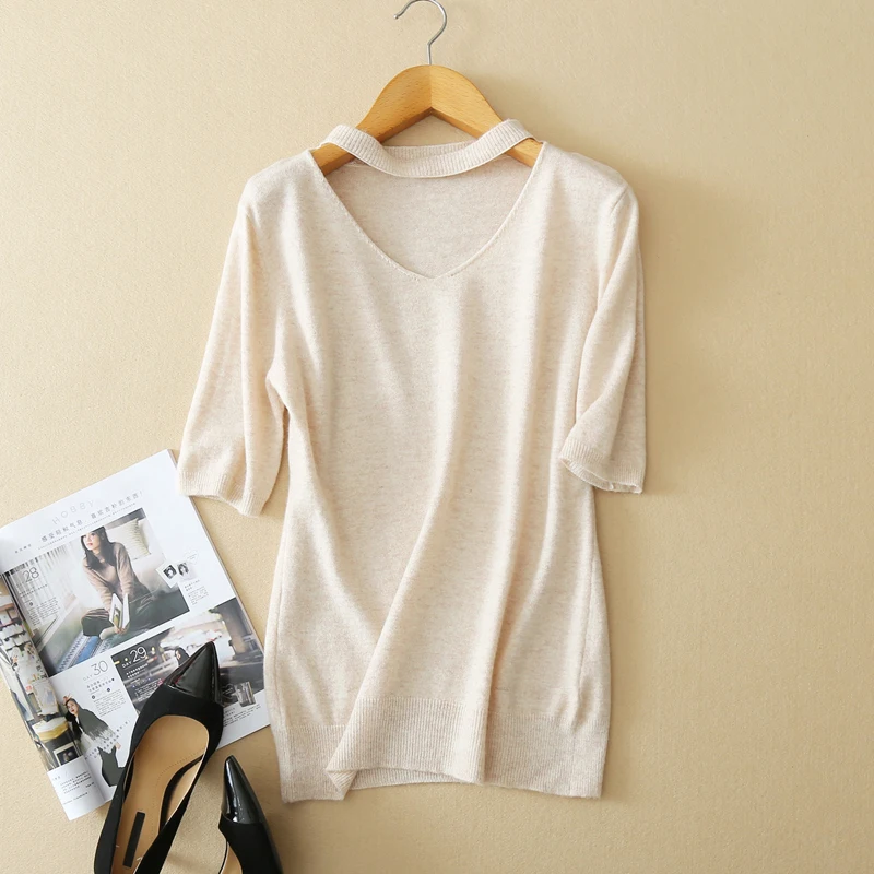 

2018 Brand New Designer European V Neck Candy Colors Women's Cashmere Sweater Short Sleeve Pullovers Female Fashion Knit Jumpers