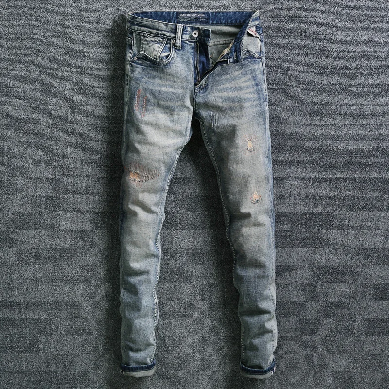 

Fashion Streetwear Men Jeans Retro Washed Slim Fit Ripped Jeans Distressed Pants Embroidery Designer Vintage Classical Jeans Men