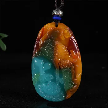 

Dropship Xinjiang Natural Gold Silk Chicken Blood Stone Carved Flowering Phoenix Pendant Necklace Colorful Peacock Stone Pendant