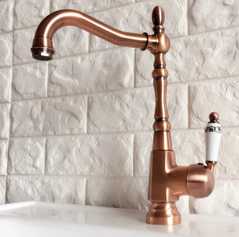 Antique Red Copper Brass Bathroom Kitchen Basin Sink Faucet Mixer Tap Swivel Spout Single Handle One Hole Deck Mounted mnf418