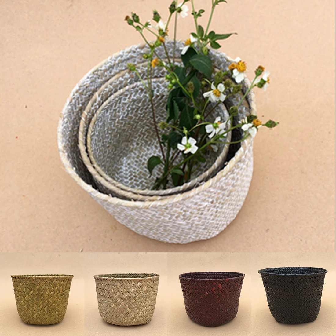 3 أحجام اليدوية الخيزران سلات تخزين طوي الغسيل القش المرقعة الخوص الروطان البطن أصيص أزهار الحديقة الغراس سلة