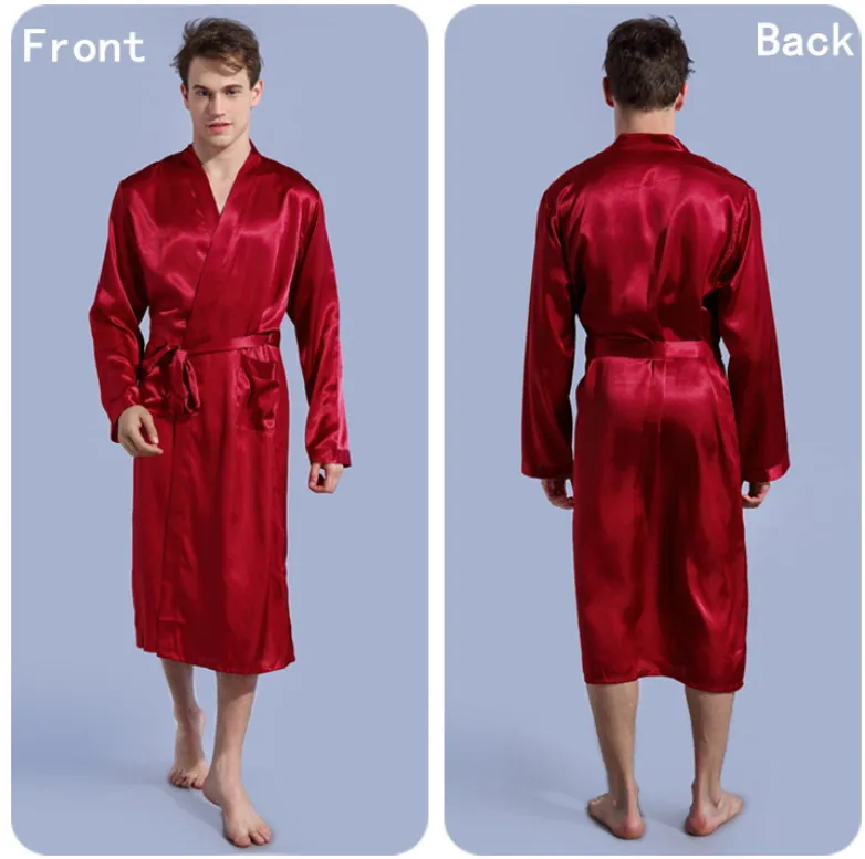 Мужской искусственный шелк халат и Пижама Нижнее белье Ночная рубашка кимоно платье пижамы одноцветные 4 цвета#3798 - Цвет: burgundy