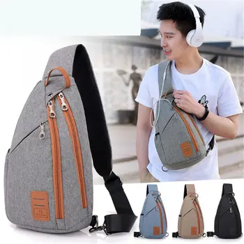 

New Korean version of men's canvas breast bag portable earphone hole large capacity shoulder bag outdoor inclined bag