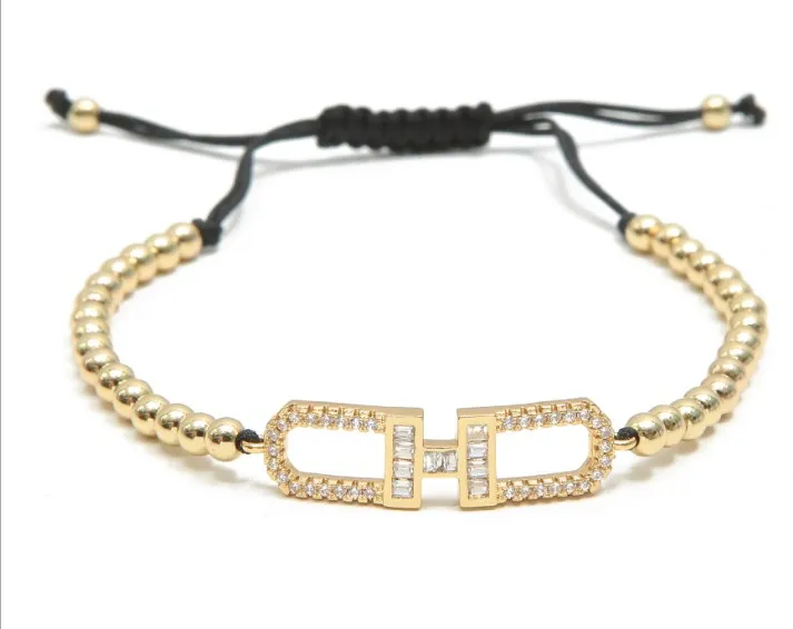 gold silver micro pave cz Cubic Zirconia rope adjusted Copper Beads Bracelet fsg56 Letters H Charm Braided Bangles Women | Украшения и