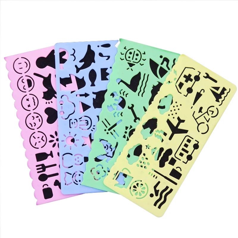 

4pcs Korea Stationery Candy Color Ruler Oppssed Drawing Template Cartoon Patterns Child Speed Drawer Drawing Template
