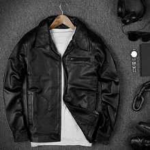 Осень-зима Medium Aged Кожаные куртки натуральной воловьей кожи пальто мужские тонкие Повседневное черный пальто отложным воротником 4XL