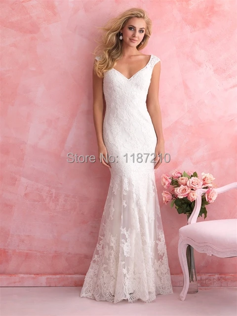 Romantic White V-neck Backless Sheath Long Bridal Wedding Dresses Gowns With Court Train Exquisite Lace Applique Decorated | Свадьбы и