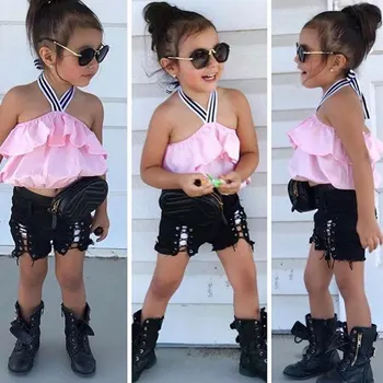 

Top Toddler Girl Clothes Kit Summer Kids Girls Clothes Suit Sleeveless Off-The-Shoulder Tshirt+Shorts 2 Piece Children Clothing