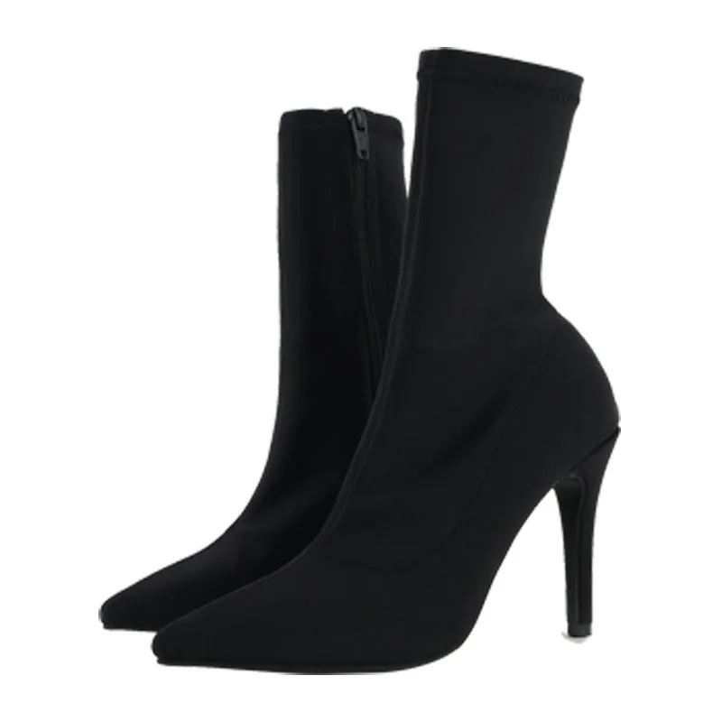 Stretch socks Female boots Knitted socks Skinny boots Fine heel Mid boots Booties Women's pointed autumn and winter bare boots
