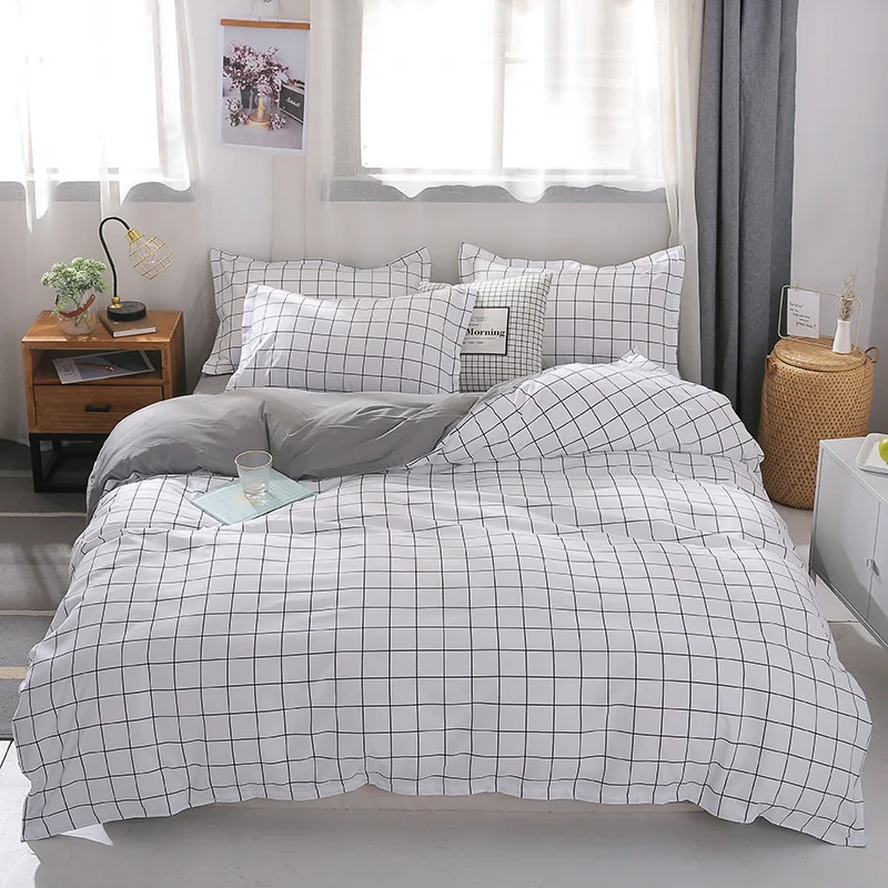 White Color Plaid Duvet Cover Sets King Size 3 4pcs Bed Sheet With