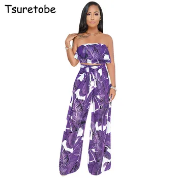 

Tsuretobe Summer Print Jumpsuit Wide Leg Pant Sleeveless Off Shoulder Elegant Jumpsuit Women Casual Backless Jumpsuit Female