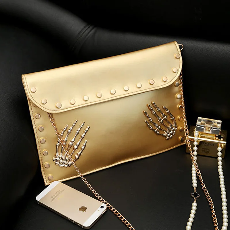 

Women Designer Handbags Skull Hand Envelope Clutch Punk Style Handbag Chain Shoulder Bag