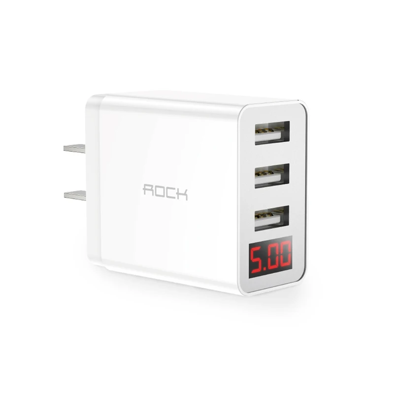 ROCK 3 Port USB Phone Charger LED Display EU Plug Total Max 3.4A Smart Fast Charger Mobile Wall Charger for iPhone iPad Samsung - Plug Type: WHITE