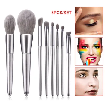 

8 Pcs Portable Makeup Brush Kit Eyeshadow Blush Concealer Brushes Makeup Set Silver Wooden Handle HJL2019